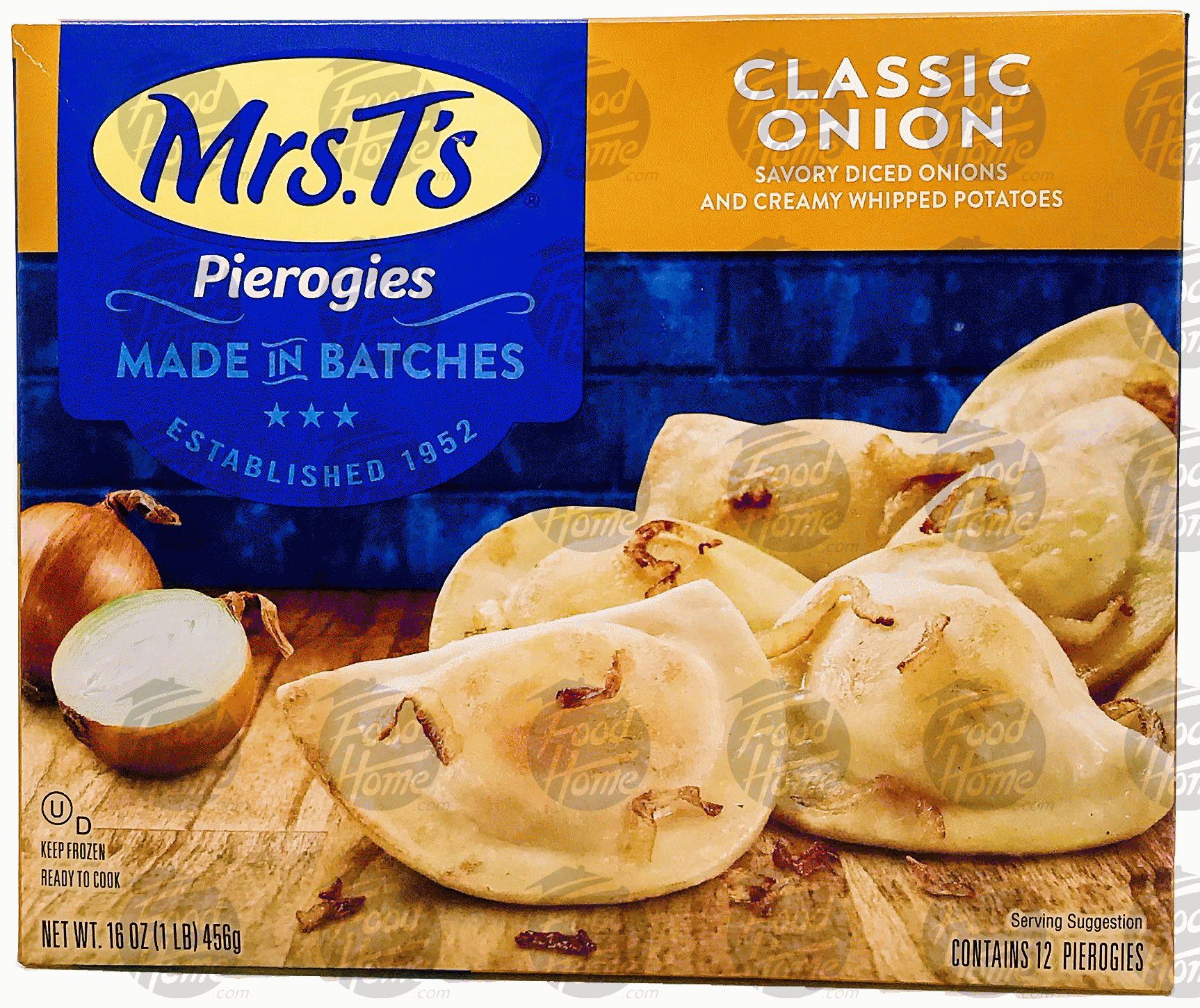 Mrs. T's Pierogies classic onion; diced onions and creamy whipped potatoes, folded in pasta shell, 12 pierogies Full-Size Picture